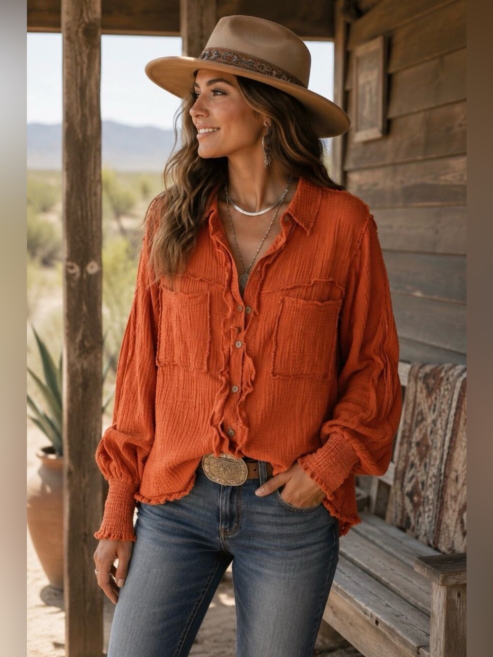 And The Why Gauze Button Shirt Sz S Rust Boho Western